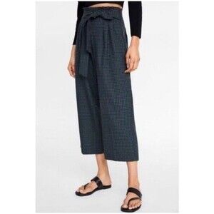 Influencer Fave Plaid Wide Leg Cropped Trousers Pleated Tie Front Blue Chic Sz S